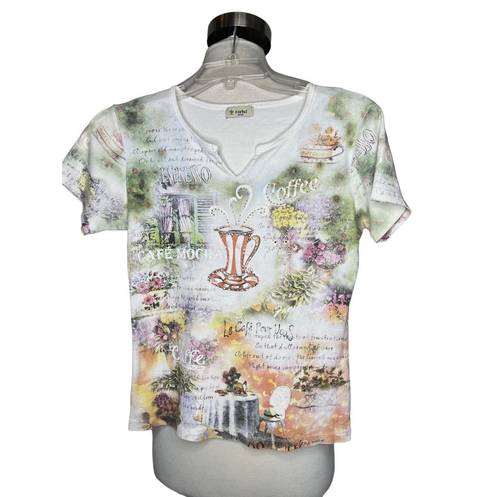 Cactus small jersey T-shirt round neck short sleeve coffee theme sequins bling